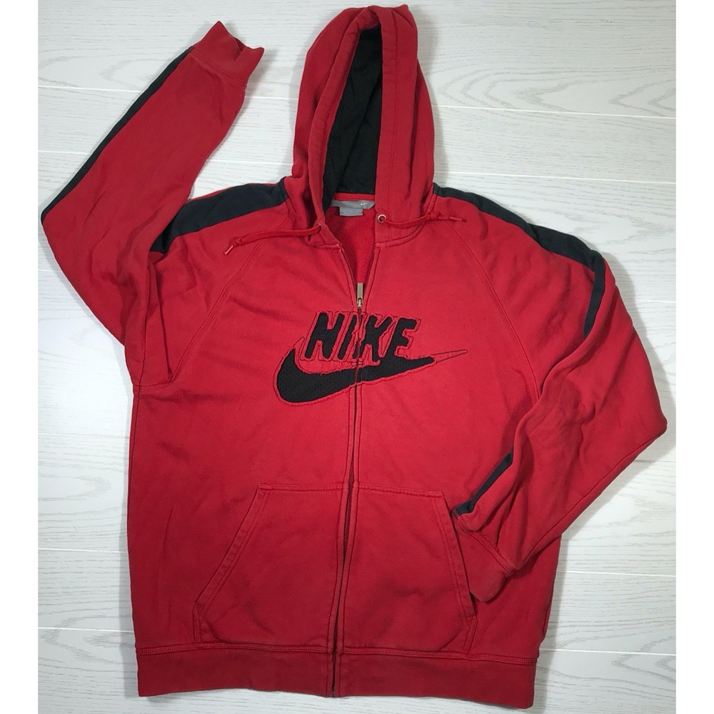 Vintage Nike Full Zip Jacket Men L Red Distressed Chest Logo Hoodie Pockets Y2K